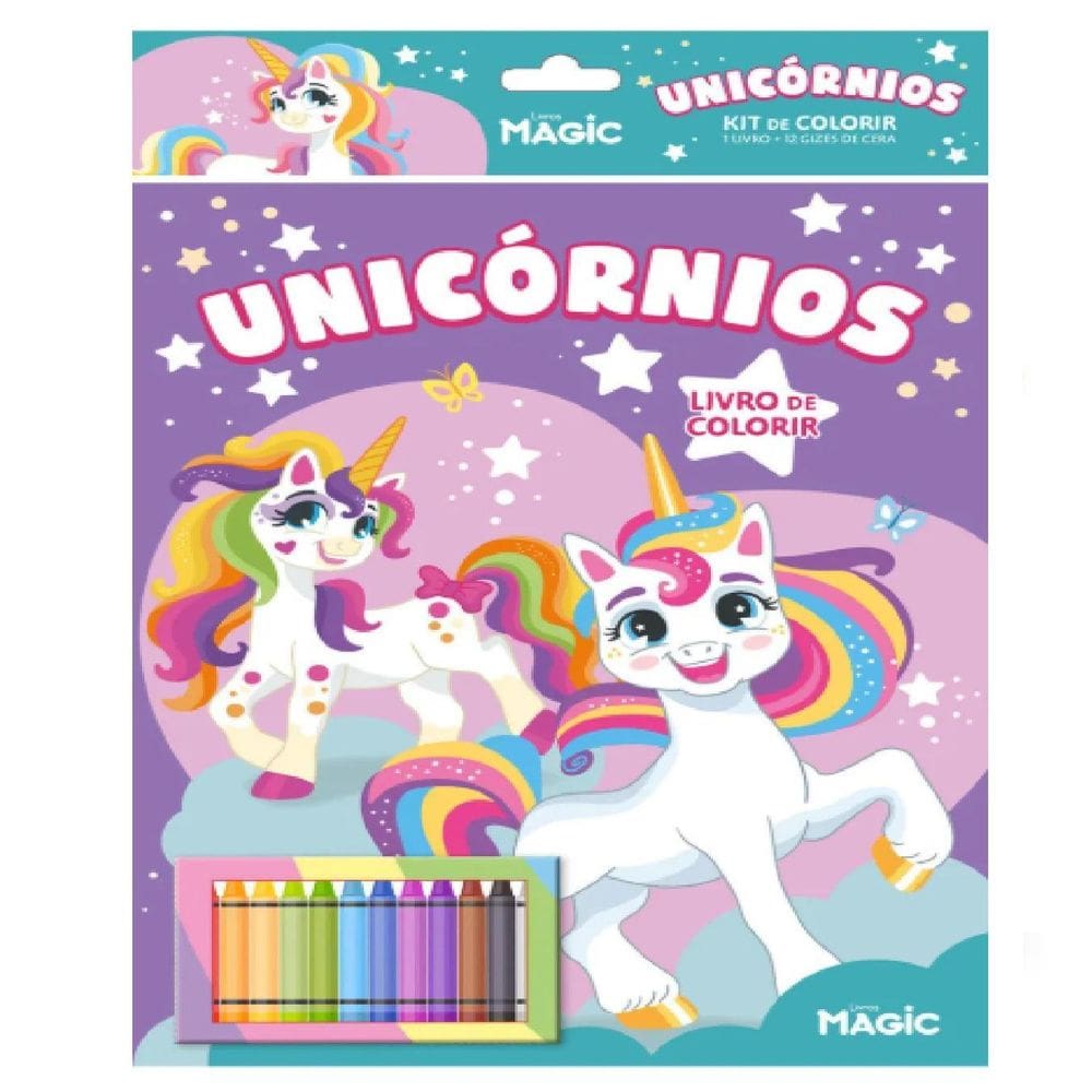 Livro De Colorir Unicornio Com 12 Giz De Cera