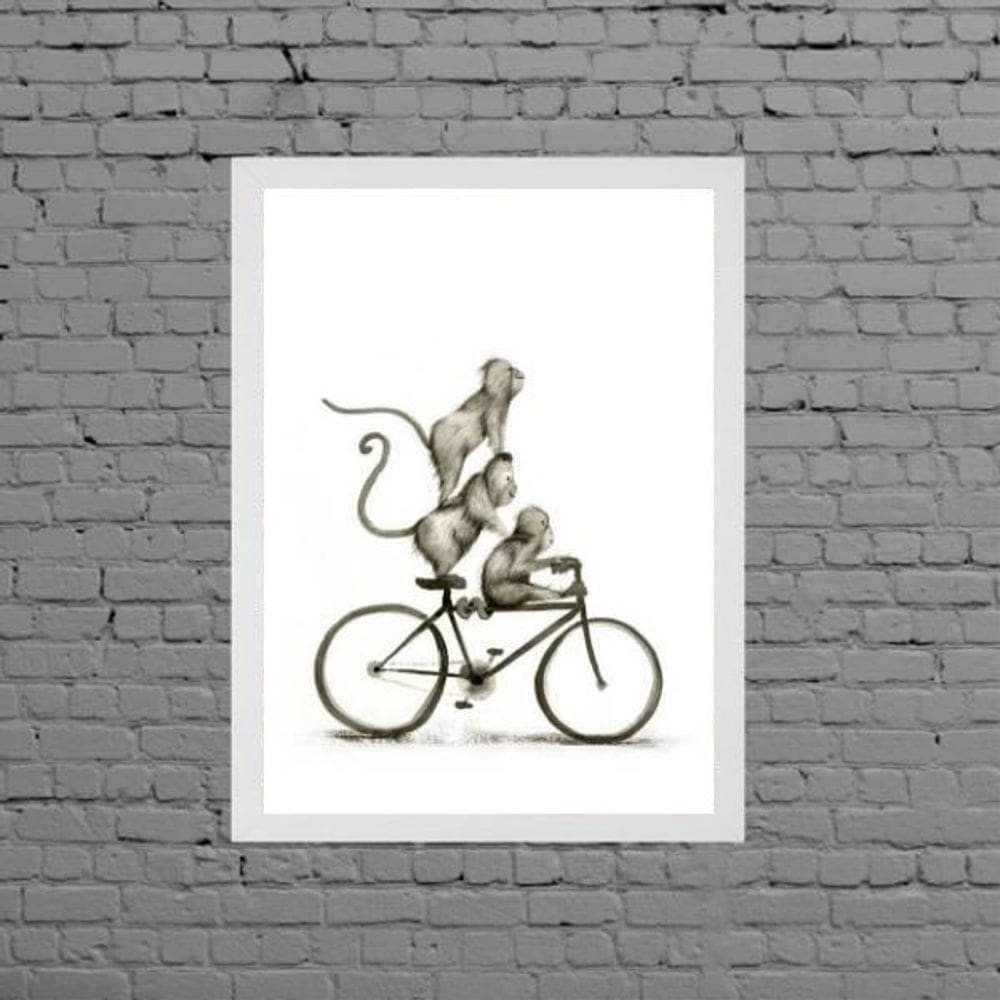 Quadro Macaquinhos Na Bicicleta 24X18Cm Moldura Branca