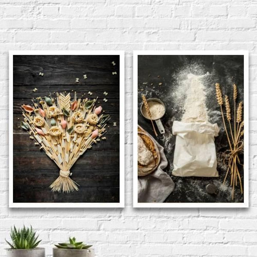 Quadros Cozinha Massas Trigo Moldura Branca 24X18Cm 2 Peças