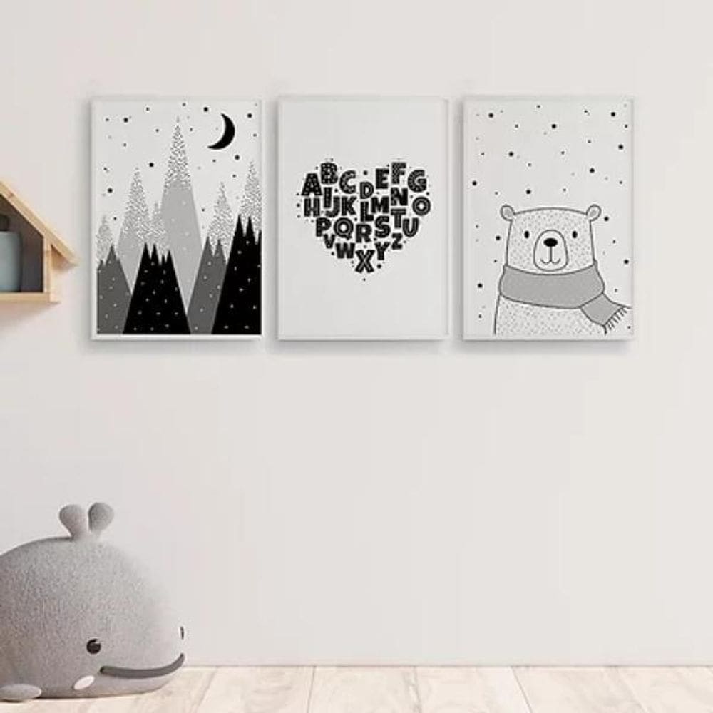 Kit 3 Quadros Urso E Montanha Escandinavo 45X34Cm - Branca