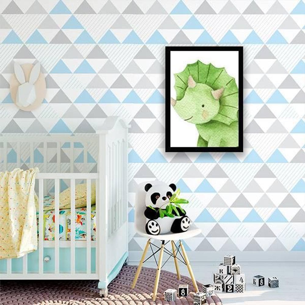 Quadro Infantil Dinossauro Baby Verde 24X18 Com Vidro Preta