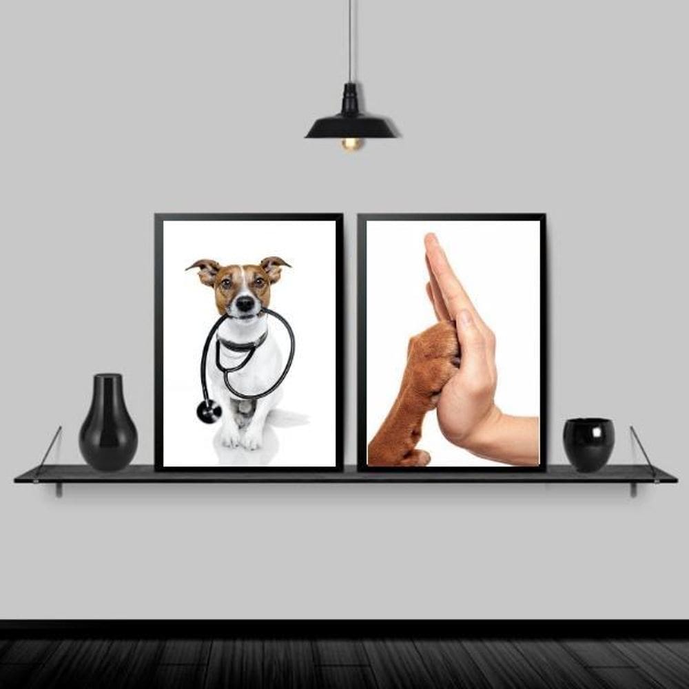 Kit 2 Quadros Consultório Veterinário 33X24 Com Vidro Preta