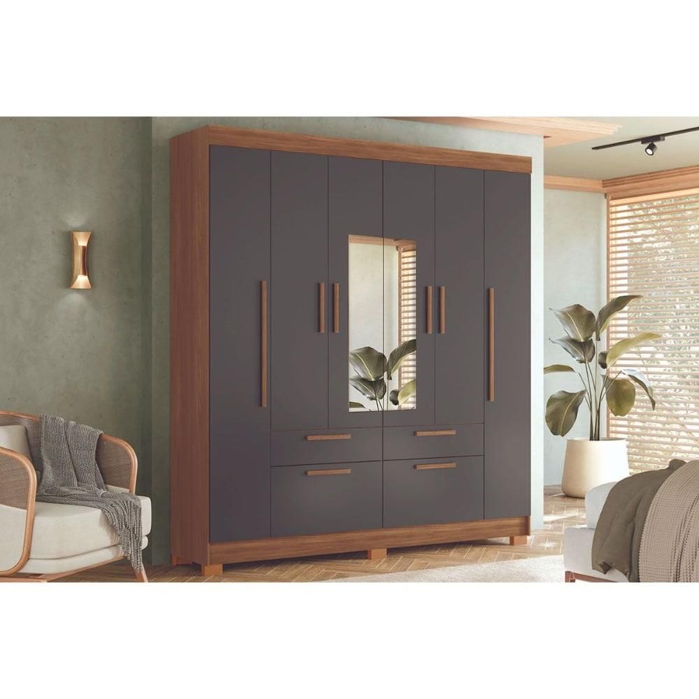 Guarda Roupa Solteiro 6 Portas c/ Esp Guarapuava Jatobá/Grafite Santos Andirá