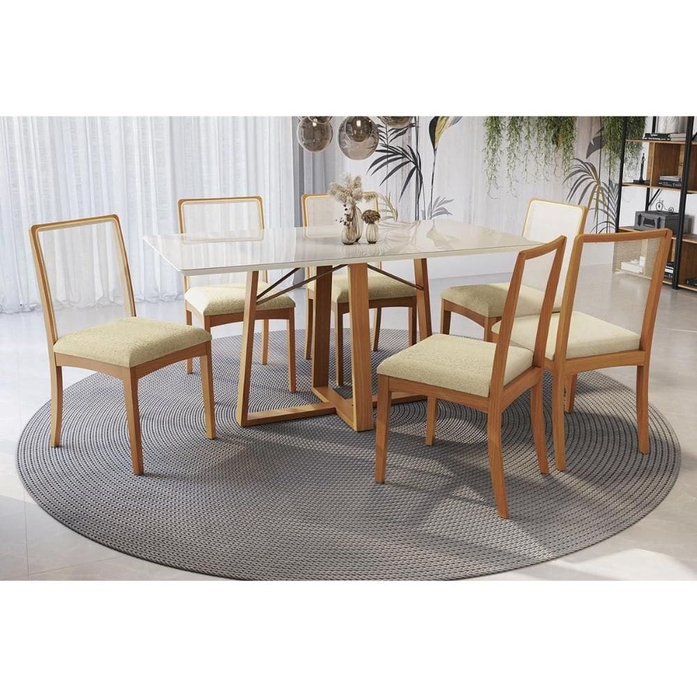 Mesa Cozinha Elma Premium Madeira Maciça c/ Tampo Madeirado c/ Vidro 160x90cm e 6 Cadeiras Lara Carvalho/Off White - Boucle Bege-Kappesberg