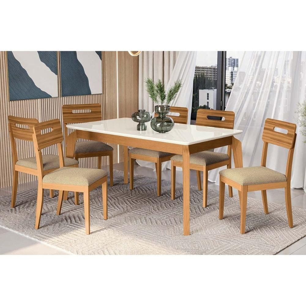 Conjunto Mesa Petra Premium Madeira Maciça c/ Tampo Madeirado c/ Vidro 160x90cm e 6 Cadeiras Lila Carvalho/Off White - Linho Bege Argila Kappesberg