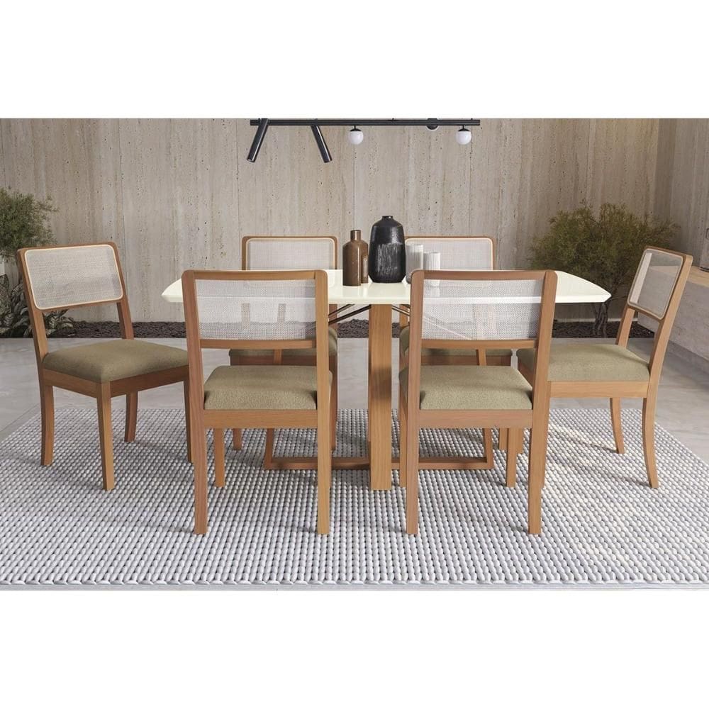 Mesa Cozinha Elma Premium Madeira Maciça c/ Tampo Madeirado c/ Vidro 170x90cm e 6 Cadeiras Lola Carvalho/Off White - Boucle Bege Fendi-Kappesberg