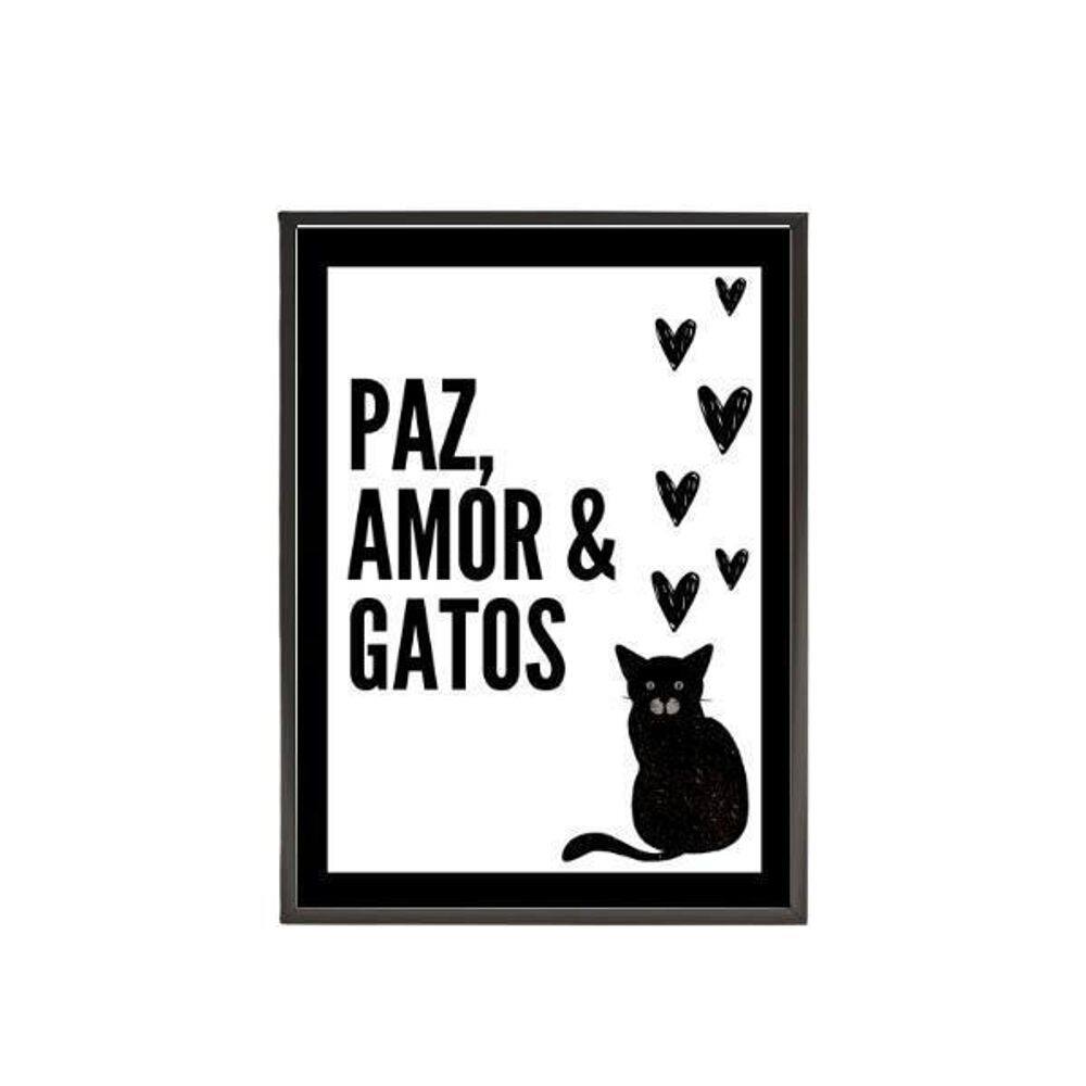 Quadro Decorativo Paz Amor E Gatos 33X24Cm - Madeira Preta