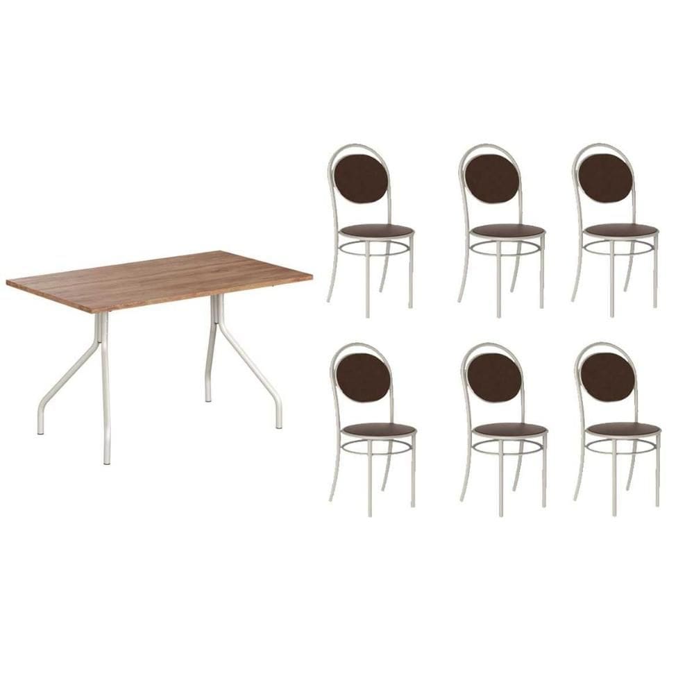 Conjunto: Mesa de Cozinha 1556 Aço 136cm + 6 Cadeiras 190 Prata/Freijo - Prata/Corano Cacau - Carraro