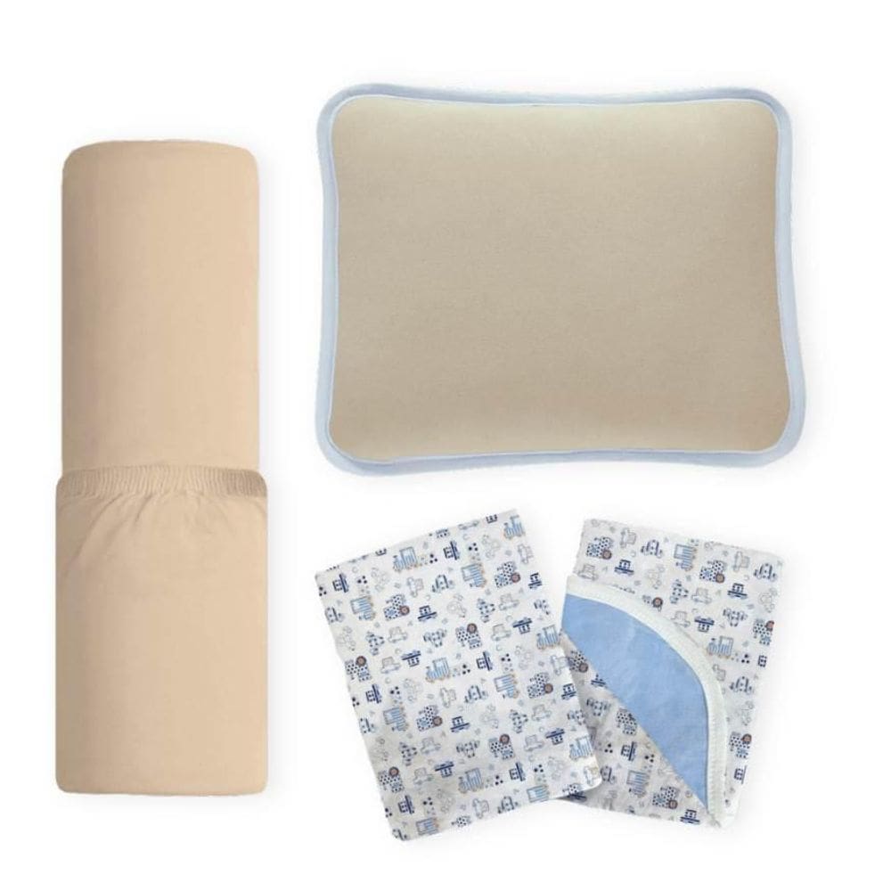 Kit Berço Bege Azul Fronha Lisa + Lençol Liso + Manta