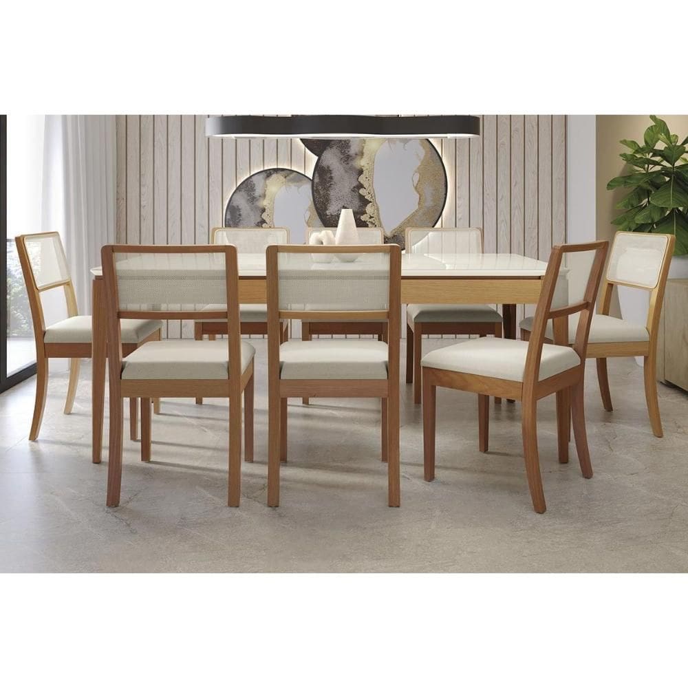 Conjunto Mesa Mira Premium Madeira Maciça c/ Tampo Madeirado c/ Vidro 200x100cm e 8 Cadeiras Lola Carvalho/Off White - Linho Bege Argila Kappesberg