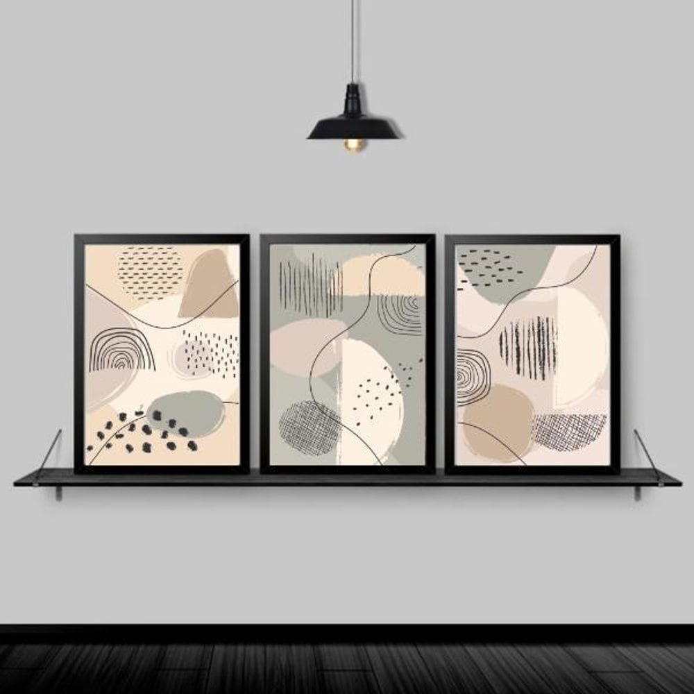 Quadros Abstratos Orgânicos Moldura Preta 45X34Cm 3 Peças