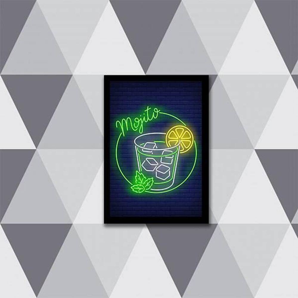 Quadro Decorativo Mojito Simulando Neon 33X24 Moldura Preta