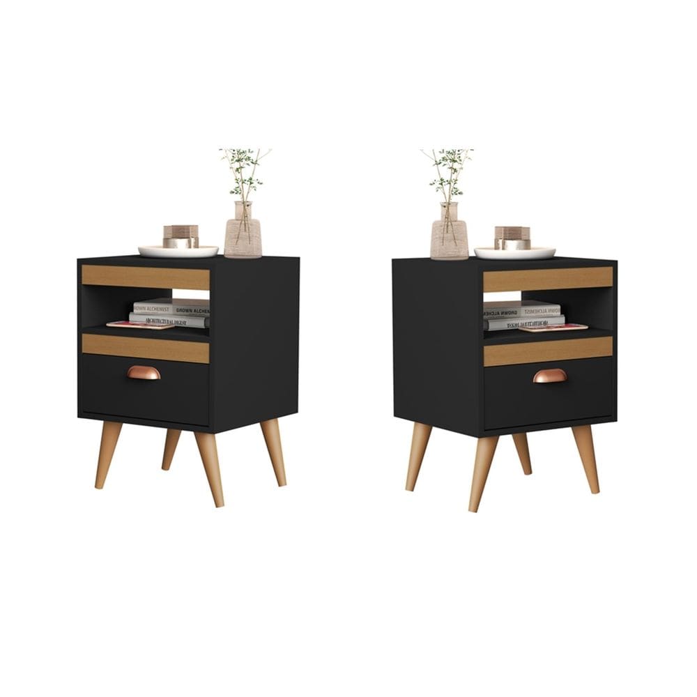 Kit 2 Mesas Cabeceira Sal Plus Pés Palito Preto / Nature