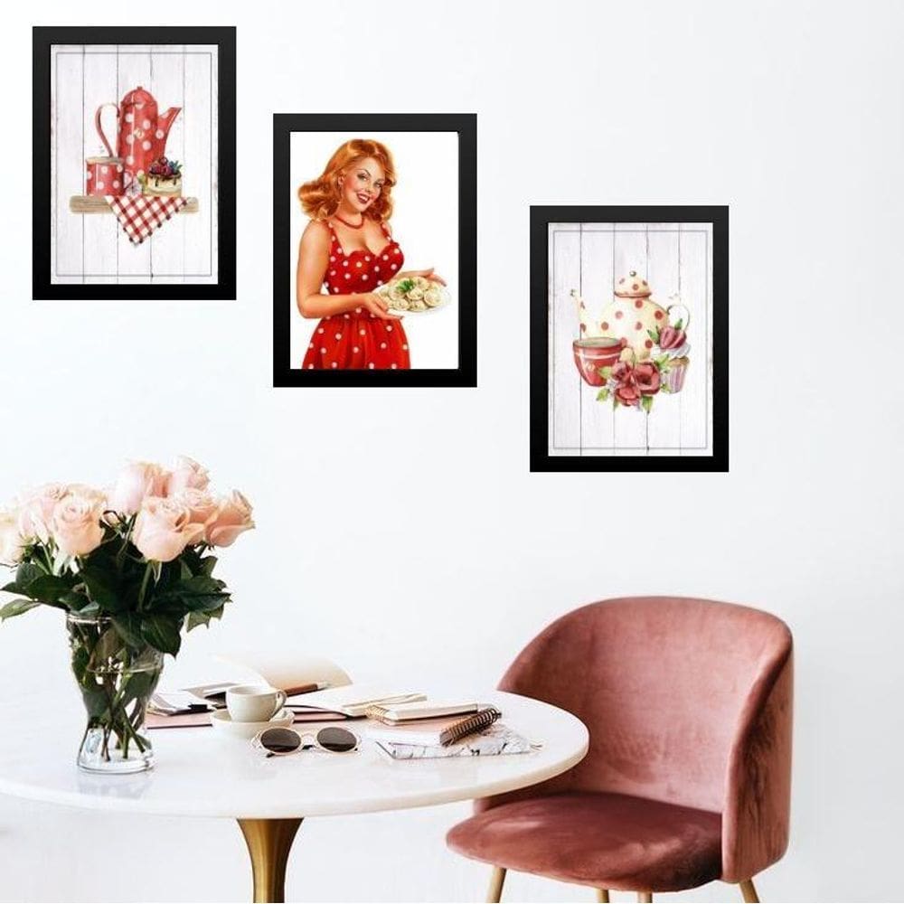 Kit 3 Quadros Cozinha Vermelha Pin Up Poá 45X34Cm - Vidro