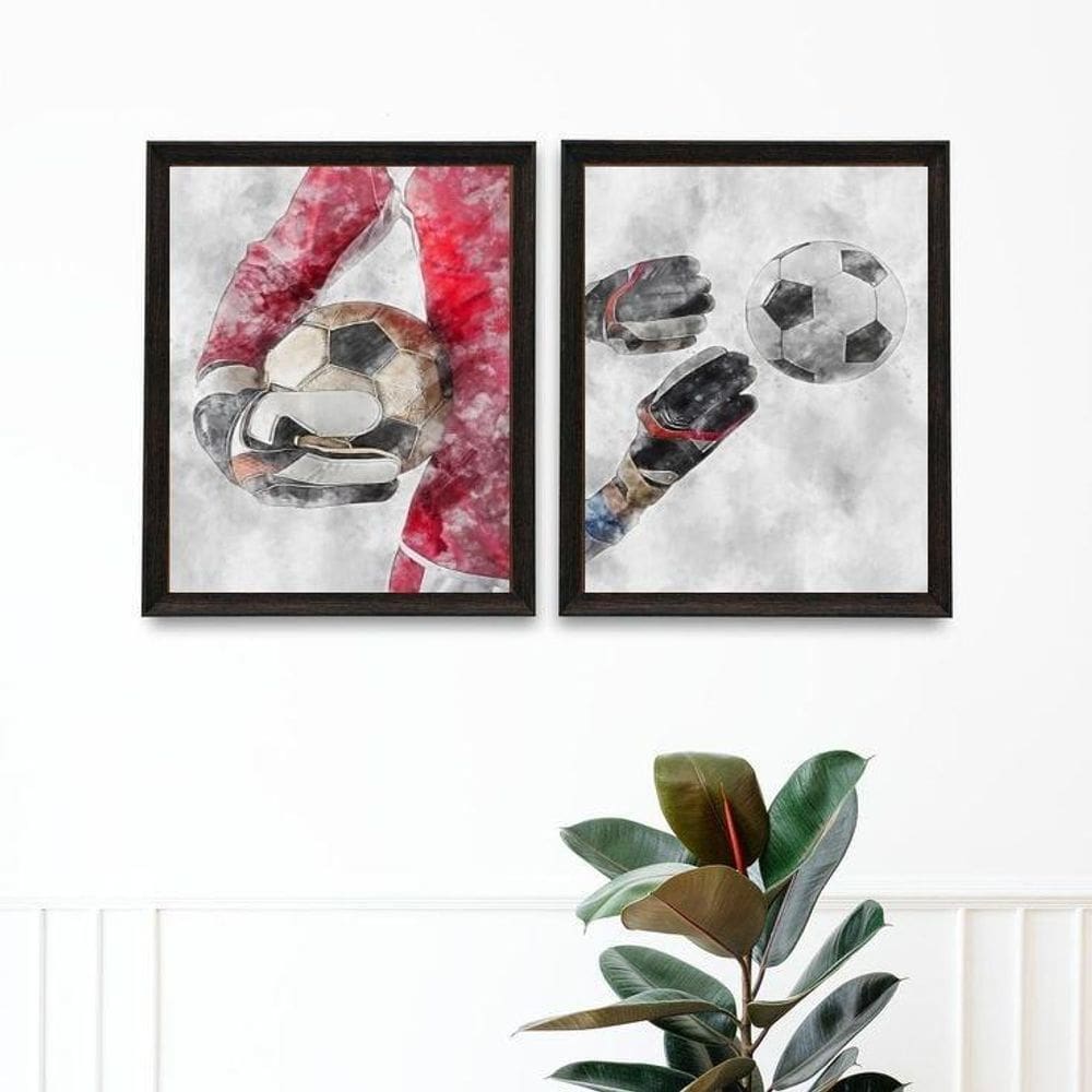 Kit 2 Quadros Aquarela Futebol Goleiro 45X34Cm