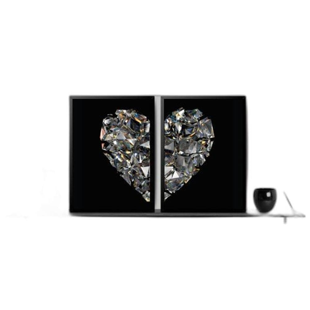 Kit 2 Quadros Coração De Diamantes 45X34Cm Com Vidro - Preta