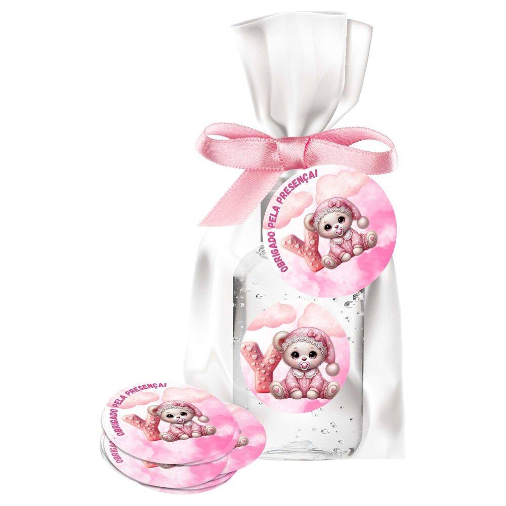 Kit 25 Lembrancinhas Alcool Gel Ursinha Rosa Letra Y