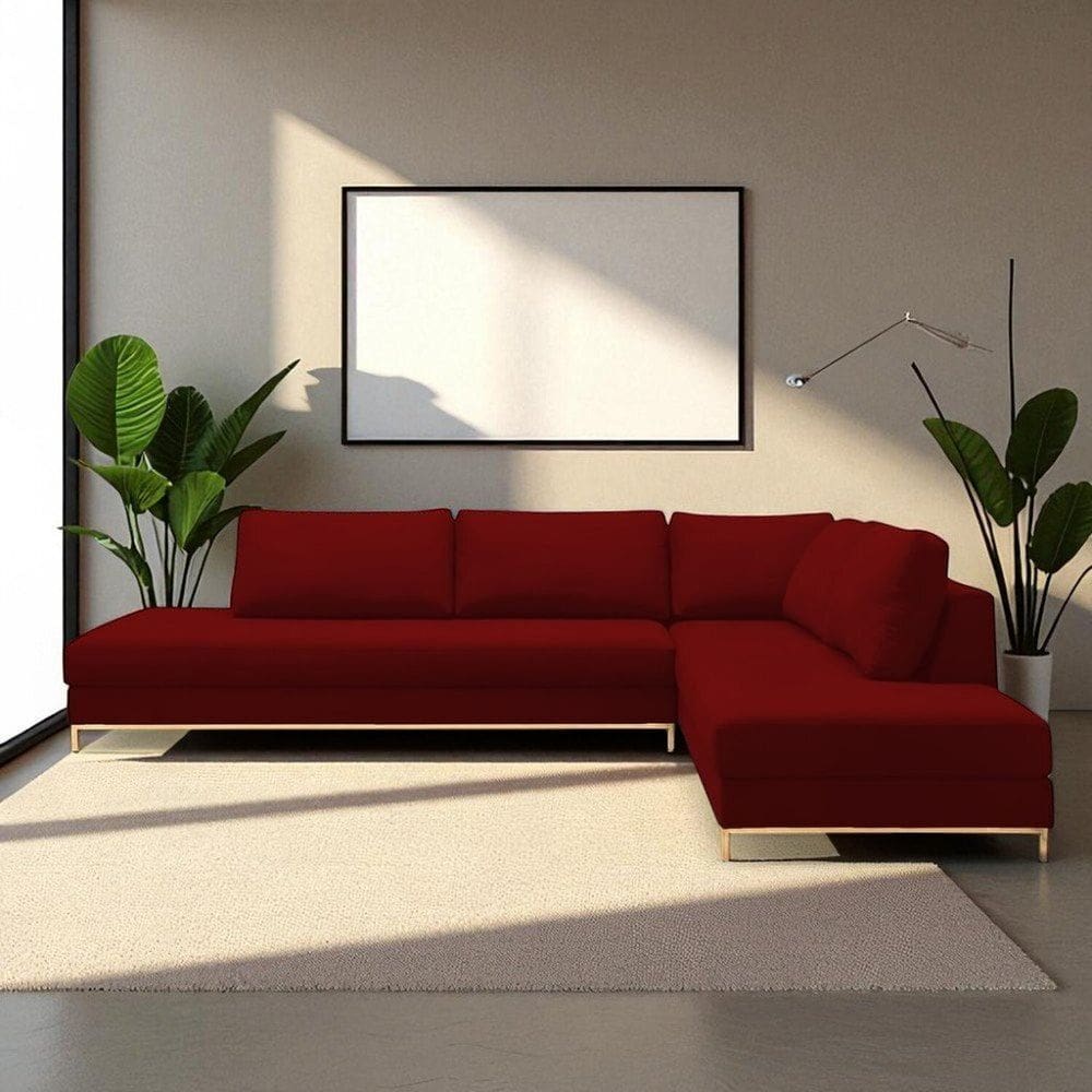 Sofá de Canto em L Revestimento em Veludo com Chaise Lado Direito Vermelho