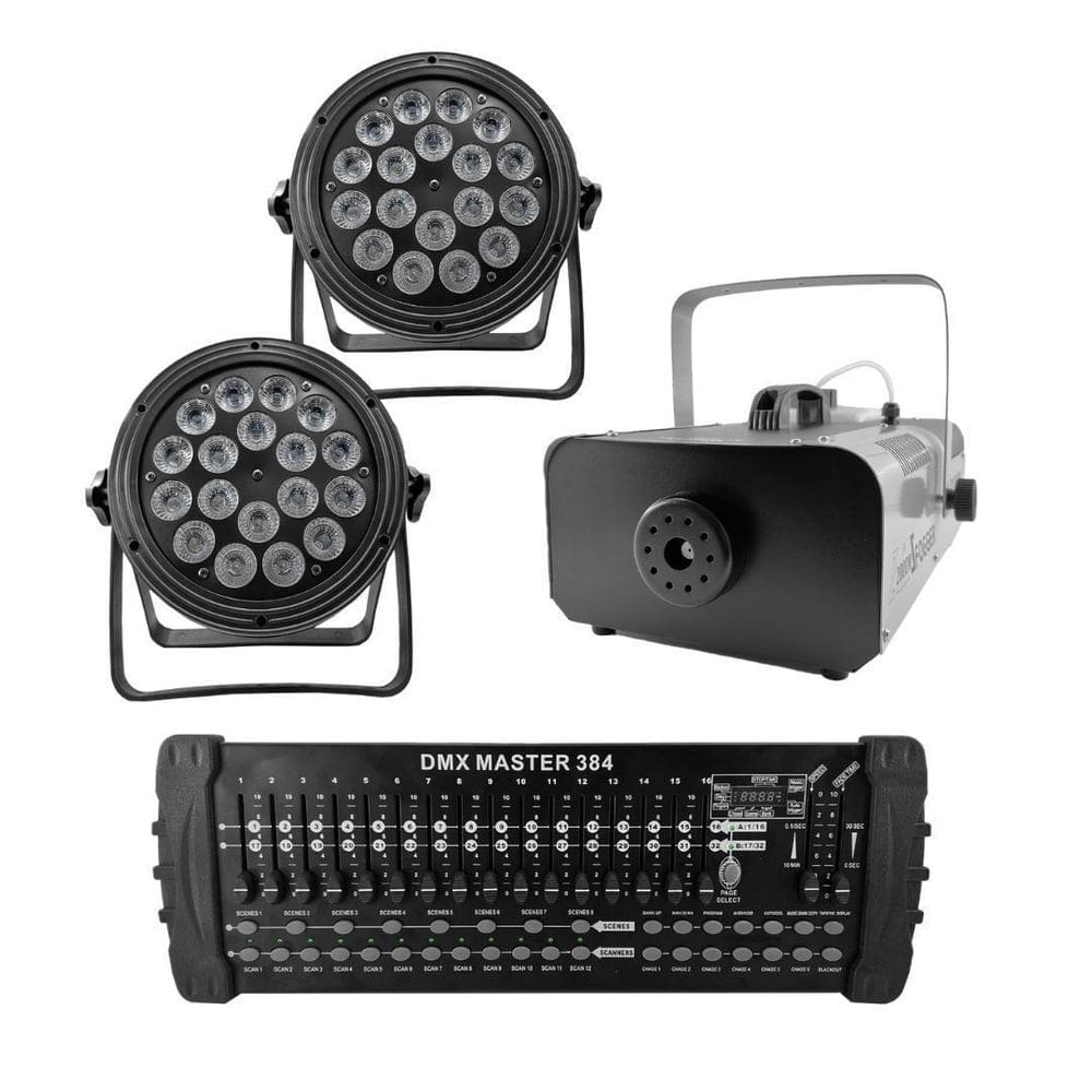 Kit 2 Par Led Slim + Máquina De Fumaça 2000W + Mesa Dmx 384