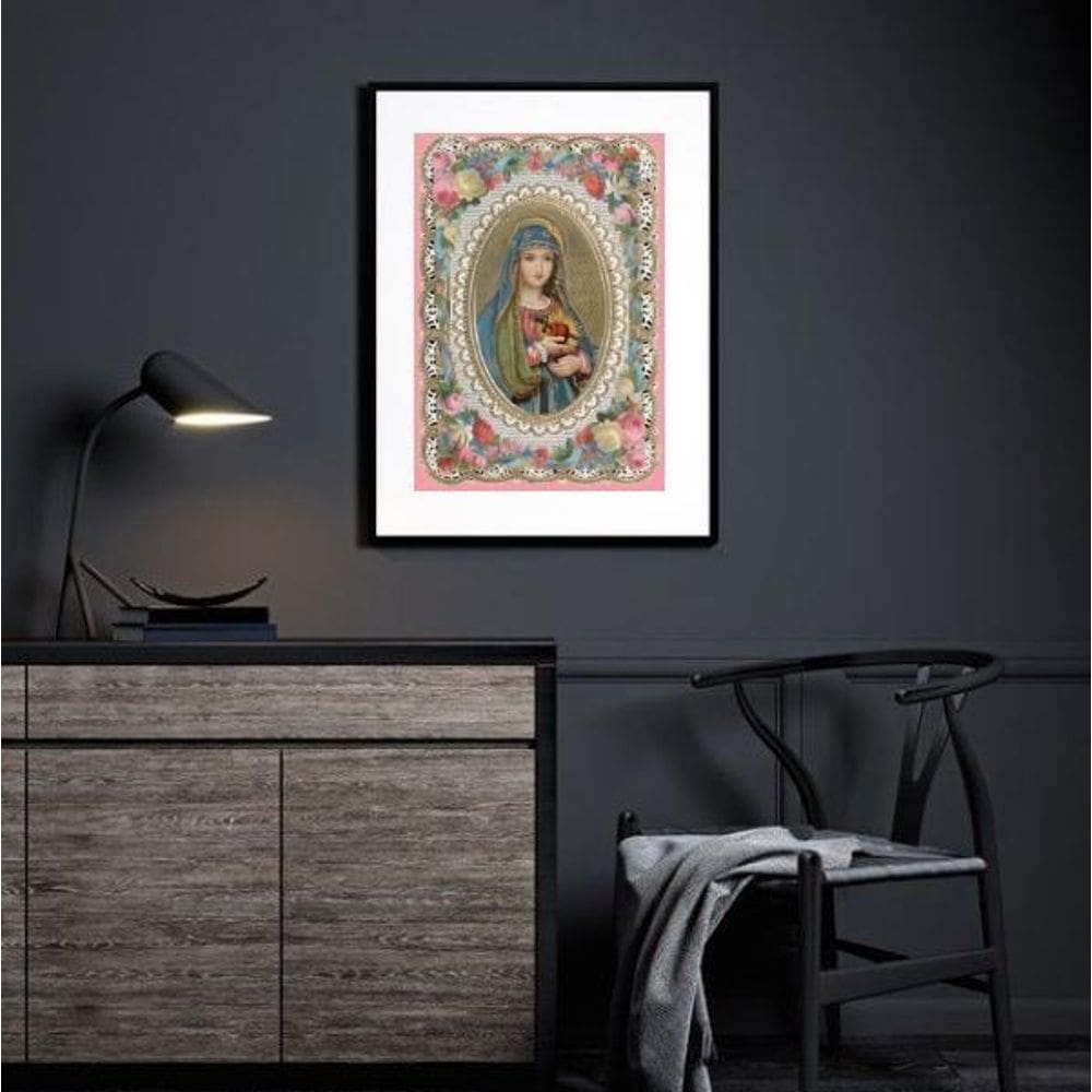 Quadro Sagrado Coração De Maria Floral Vintage - 60X48Cm