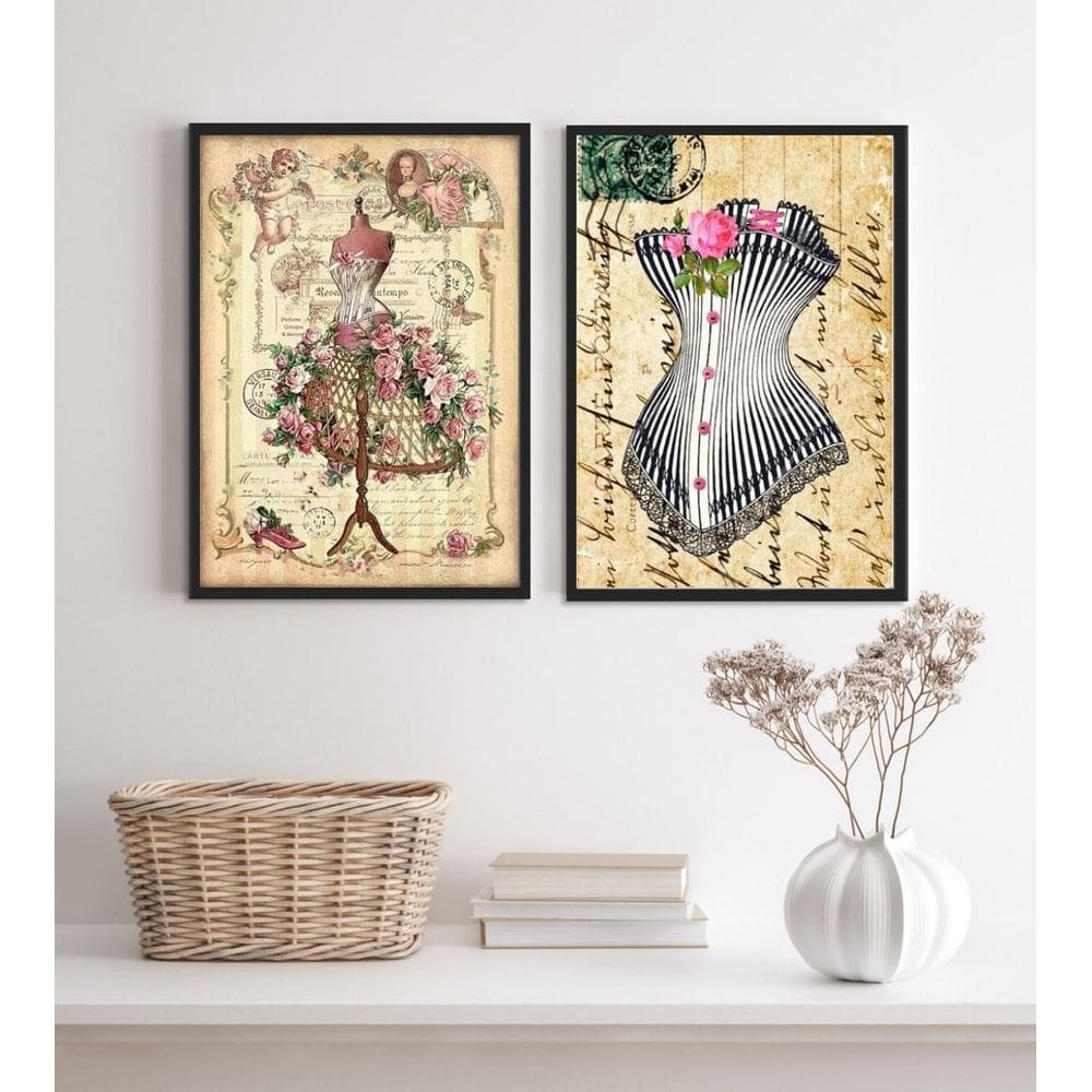Kit 2 Quadros Moda Vintage- Vestido E Espartilho 24X18Cm