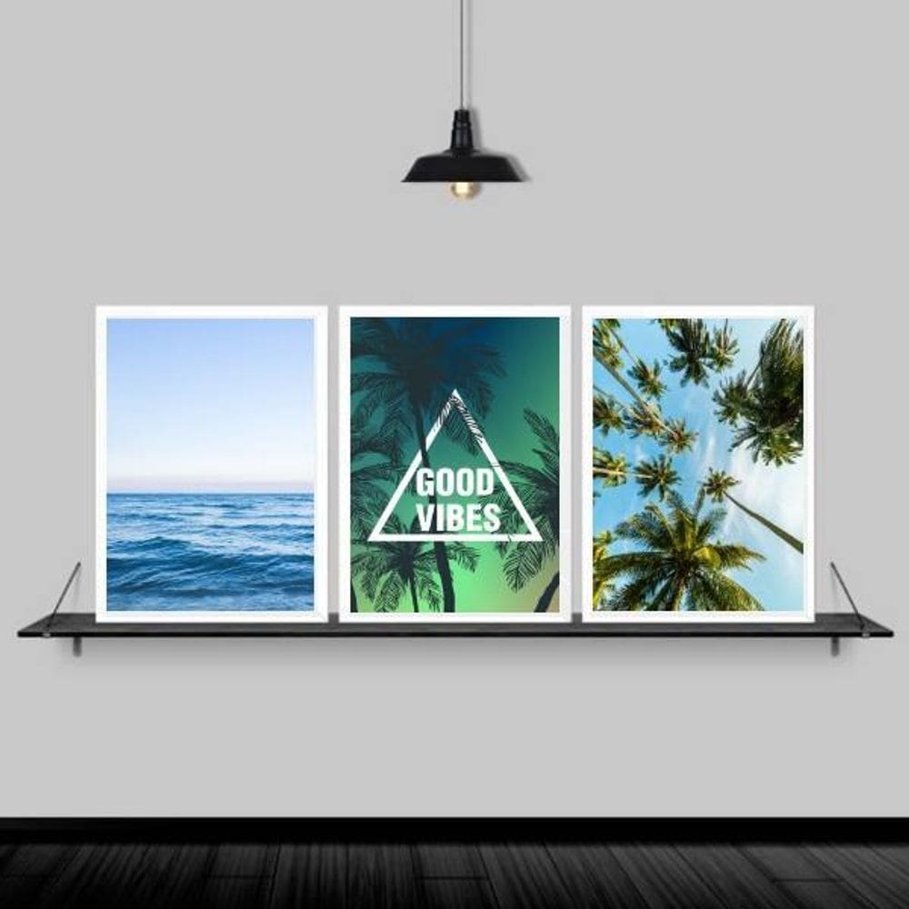 Kit 3 Quadros Praia Mar Coqueiro Good Vibes 45X34Cm - Branca