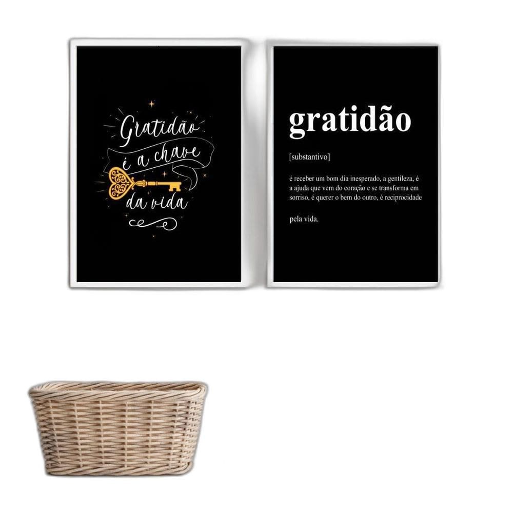 Kit 2 Quadros Gratidão Chave 33x24 - Moldura Preta