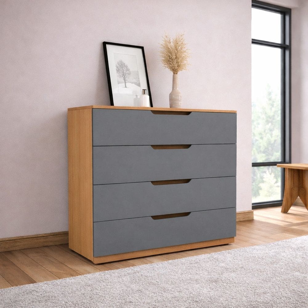 Cômoda para Quarto 4 Gavetas 90cm Madri Cinza/Freijó