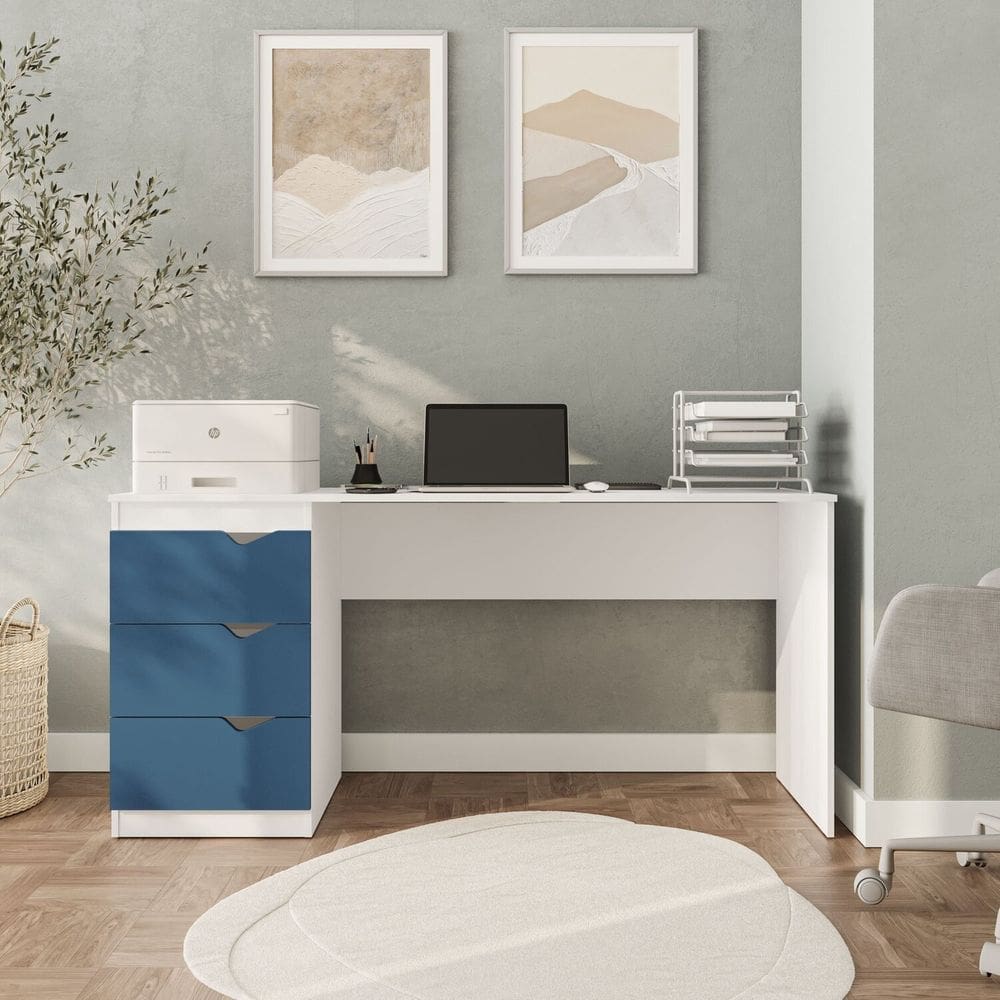 Escrivaninha 3 Gavetas 77cm X 163cm Porto Azul/Branco