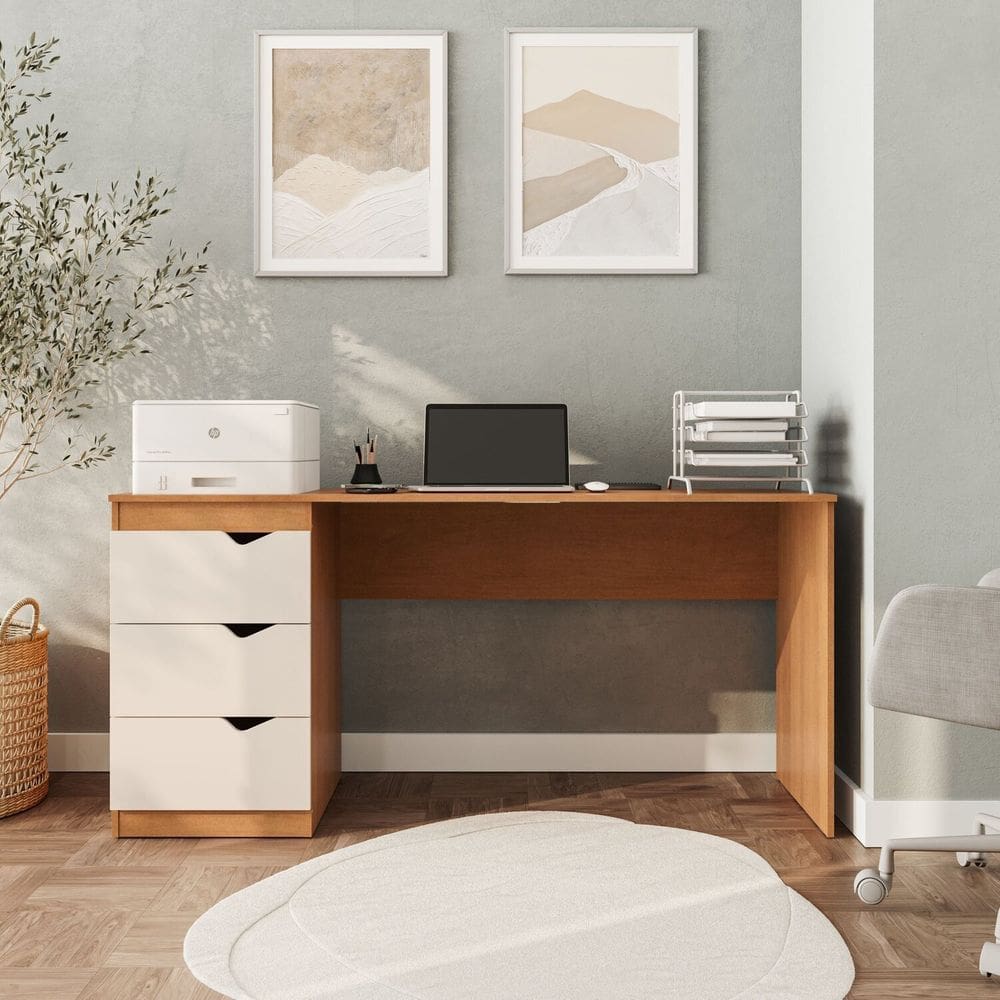 Escrivaninha 3 Gavetas 77cm X 163cm Porto Creme/Freijó