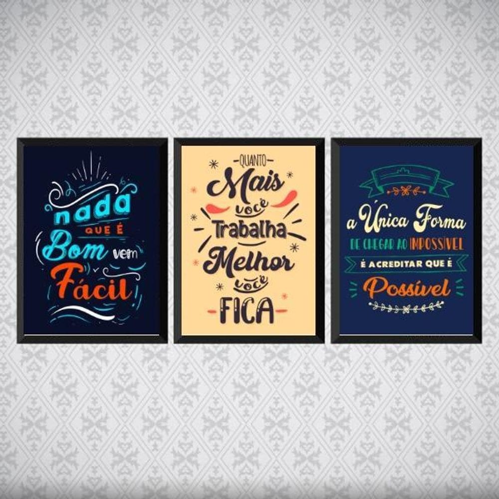 Kit 3 Quadros Frases Motivacional Trabalho 33X24 Vidro Preta