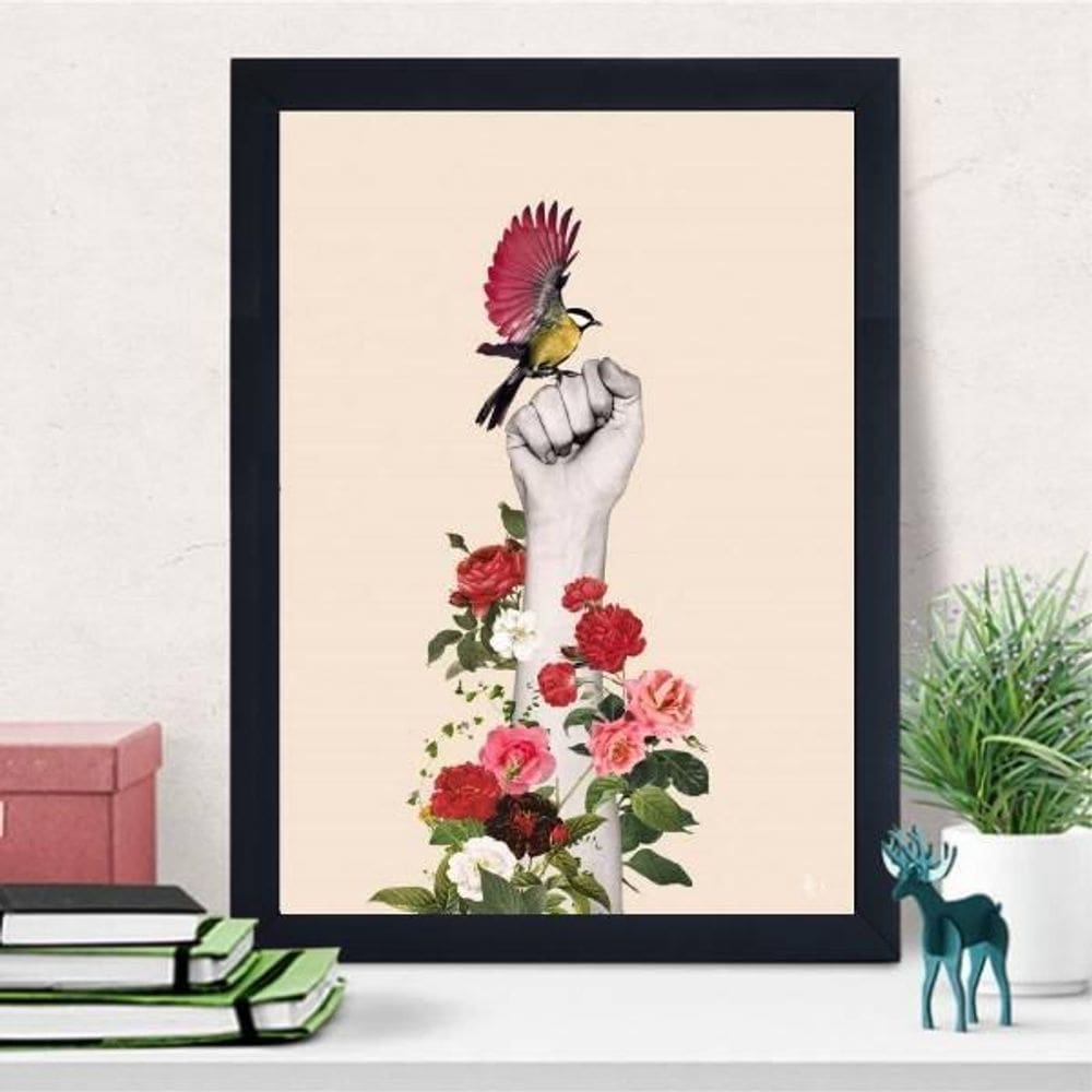 Quadro Decorativo Luta Com Flores 45X34Cm Com Vidro Preta