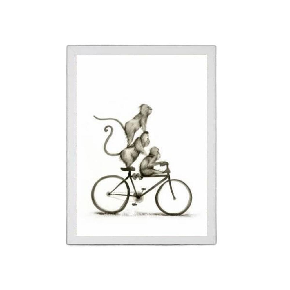 Quadro Macaquinhos Na Bicicleta 45X34Cm Vidro Moldura Branca