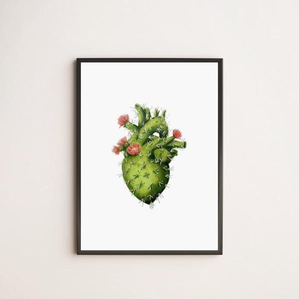 Quadro Decorativo Coração De Cacto 45X34Cm Com Vidro Preta