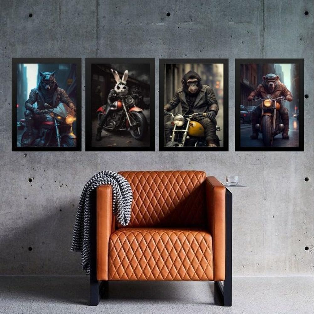 Kit 4 Quadros Motos - Animais Motociclistas 45X34Cm