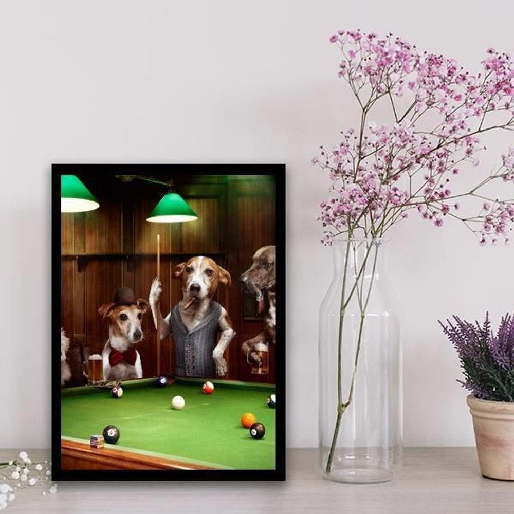 Quadro Cachorros Jogando Sinuca 45X34Cm - Com Vidro Preta