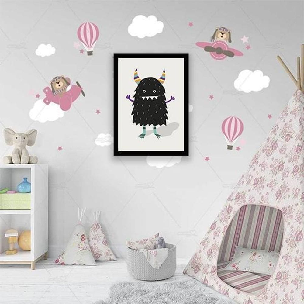 Quadro Decorativo Monstrinho Preto 34X23Cm - Moldura Branca