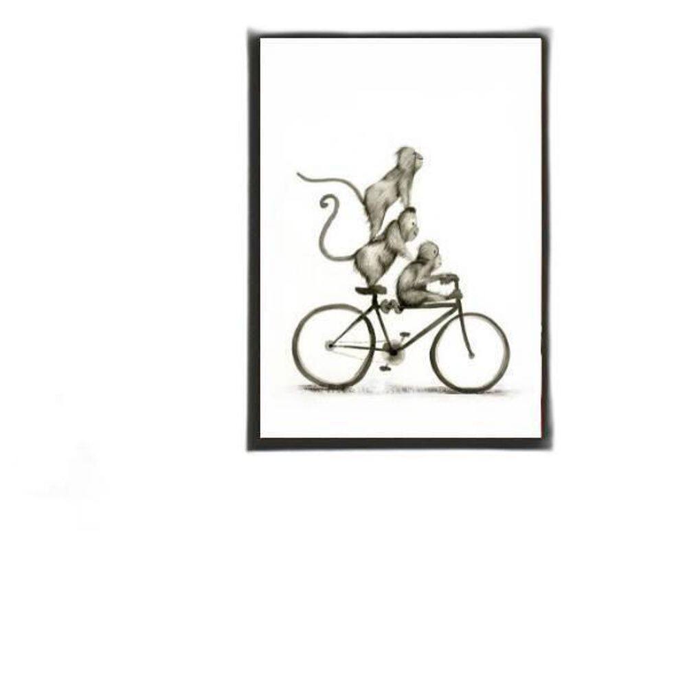 Quadro Macaquinhos Na Bicicleta 45X34Cm Vidro Moldura Preta