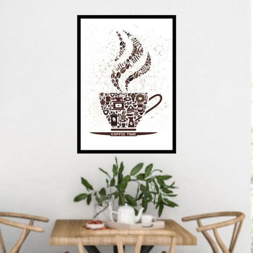 Quadro Coffee Time - Marrom E Branco Moldura Preta 24X18Cm