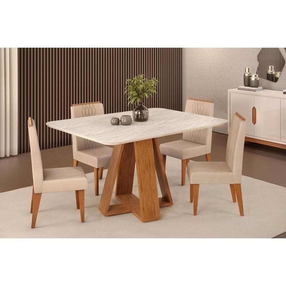 Conjunto: Mesa Sala Jantar Celeste c/ Tampo Madeirado Curvo 120x90cm e 4 Cadeiras Lia Freijo/Quartzo - Suede Kraft - DJ Móveis