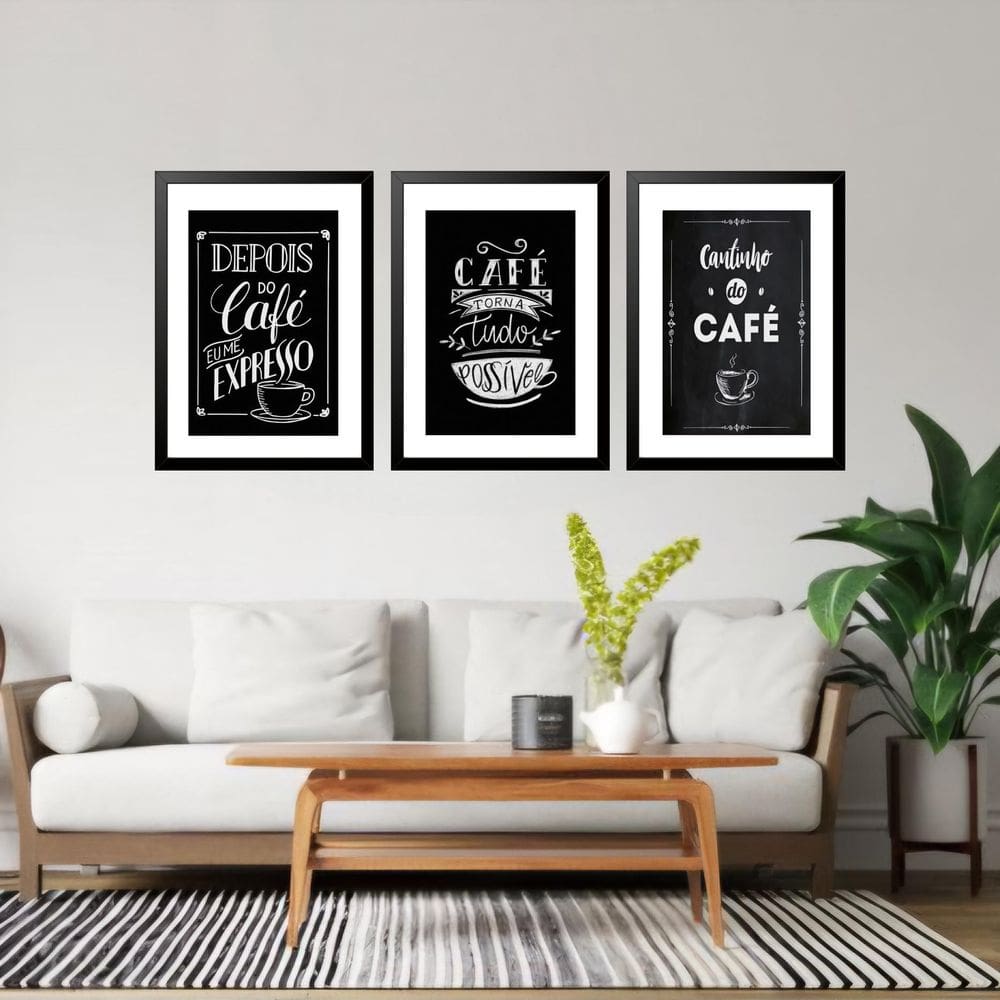 Kit 3 Quadros Grandes Frases Café 60X48Cm