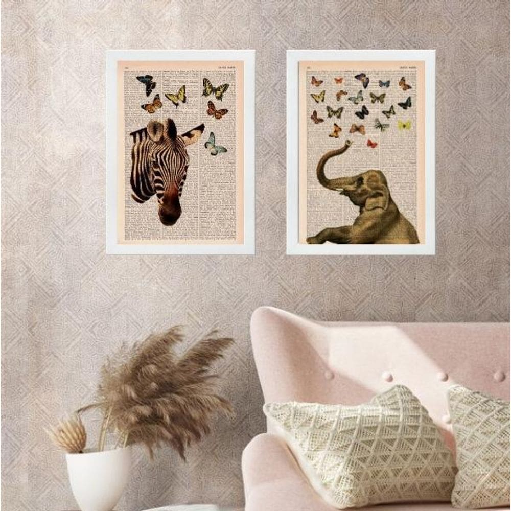 Kit 2 Quadros Zebra E Elefante Borboletas 45X34Cm - Vidro