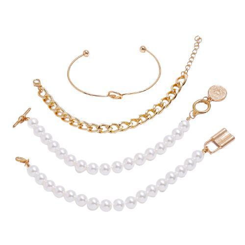 Pulseira 4 Peças Corrente Dourada Cadeado Pérola
