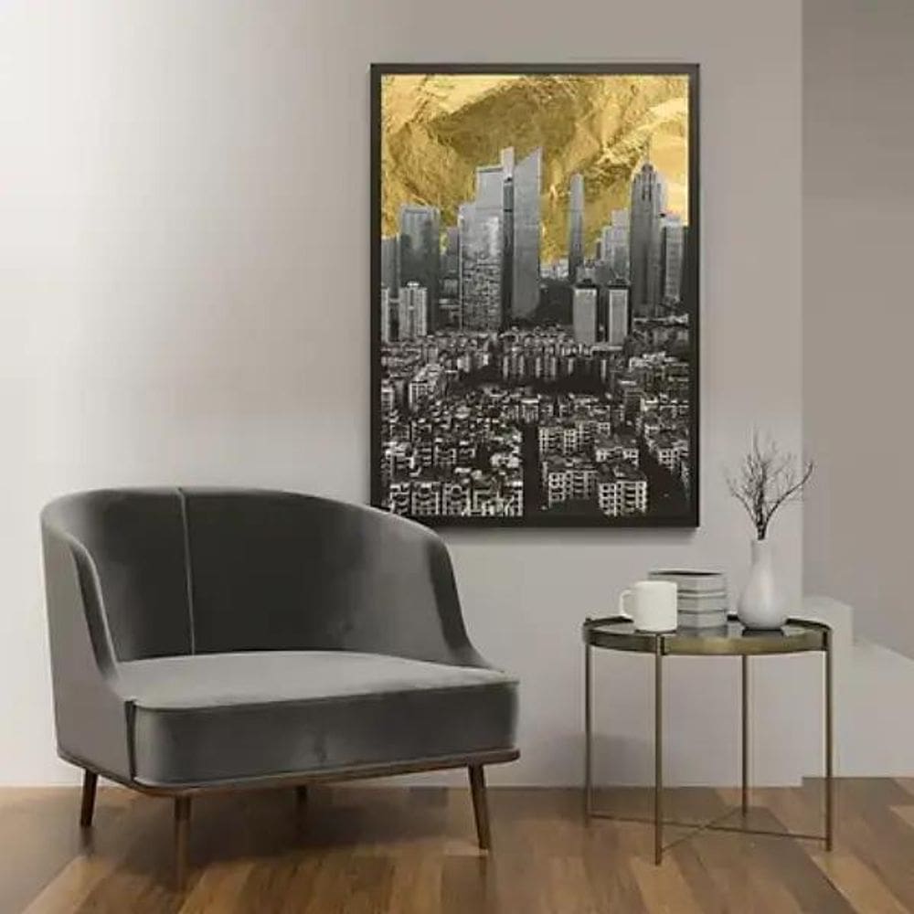 Quadro Cidade Cinza Com Céu Dourado 33X24Cm - Madeira Preta