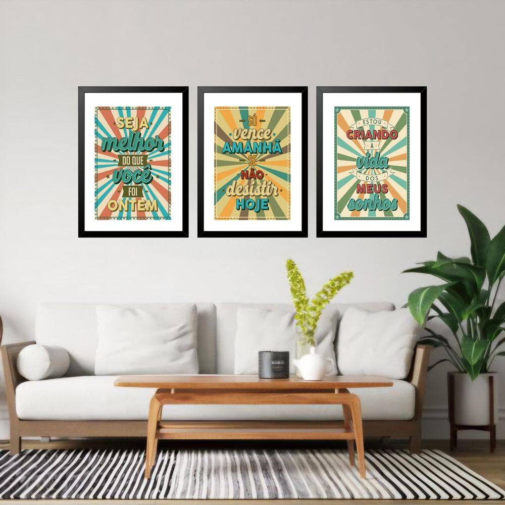 Kit 3 Quadros Grandes Frases Vintage 60X48Cm