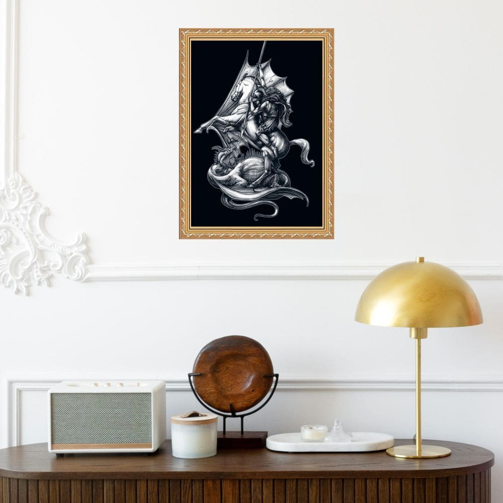 Quadro Moldura Dourada São Jorge Fundo Preto 33X24Cm