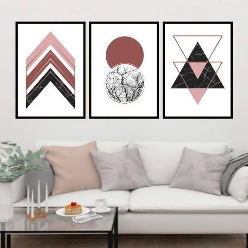 Quadros Geométrico Rosa E Gold Moldura Preta 24X18Cm 3 Peças