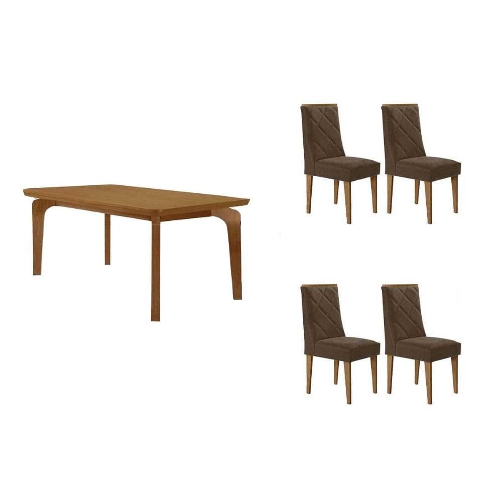 Conjunto: Mesa de Cozinha Londrina Tampo Curvo 120cm+4 Cadeiras Pietá Madeira Naturale - Capuccino/Linho Capuccino - Rufato