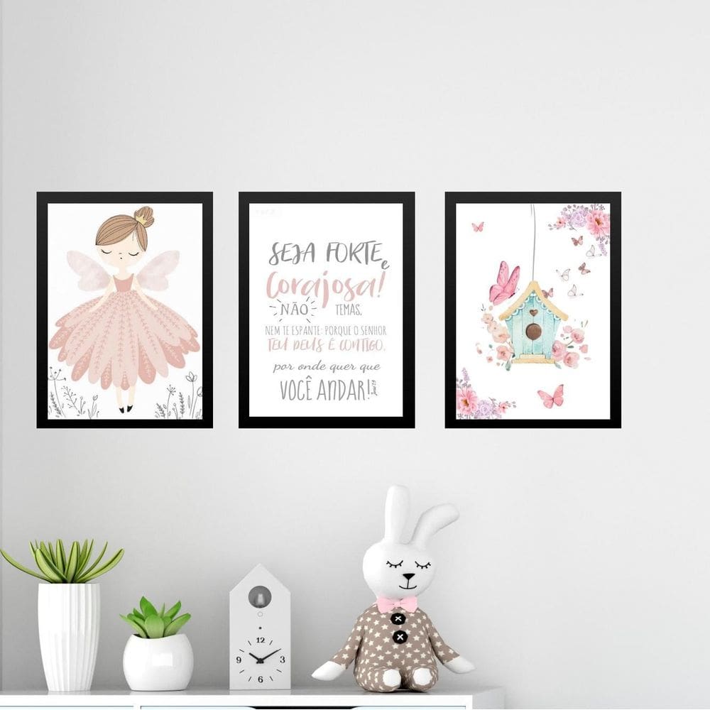 Kit 3 Quadros Infantis Menina Borboletinha Salmo 24X18Cm
