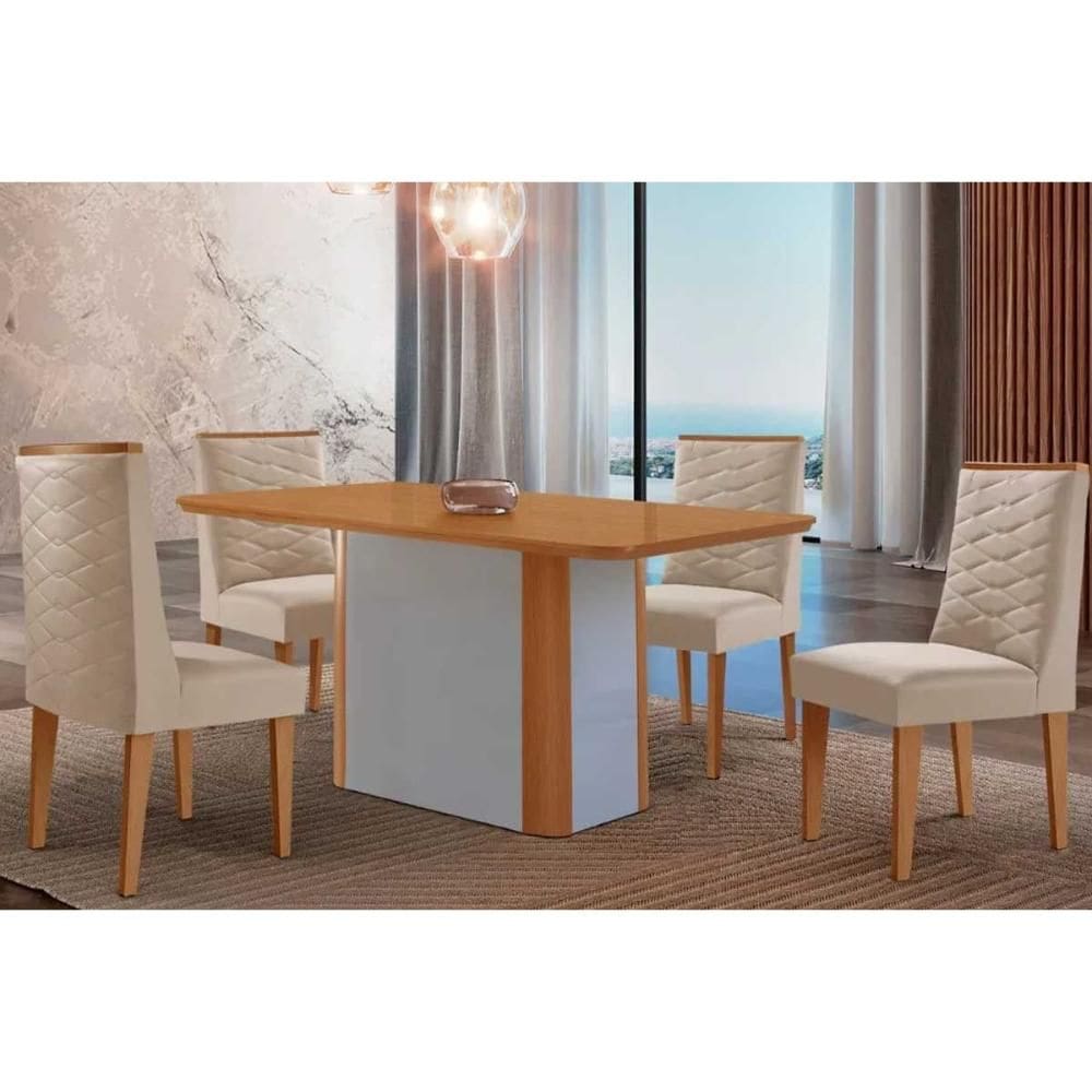 Conjunto: Mesa Sala Jantar Pietá c/ Tampo Madeirado Canto Curvo 120x80cm e 4 Cadeiras Dafne Naturale/Off White - Suede Creme - Rufato